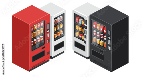Isometric vending machines with snack and beverage products in red, white, and black