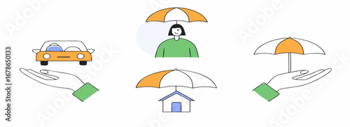 Vector illustration of hands providing protection with umbrellas for a person and a car, symbolizing safety and care.