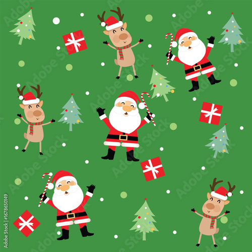 Santa Claus with snowman, elf and reindeer seamless pattern on green background with tiny stars and snowflakes. Winter holidays season cartoon character. Vector illustration