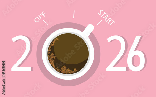 A cup of coffee and a switch. The symbol of the beginning of the new year 2026. Turn on start good day. vector, illustration