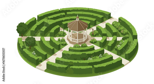 Circular maze garden with gazebo and green hedges in flat design