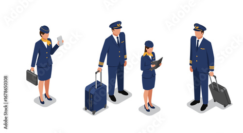 Isometric airline crew in uniform with luggage on white background