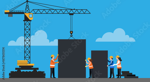 Construction Crane Lifting Block with Workers and Clouds.