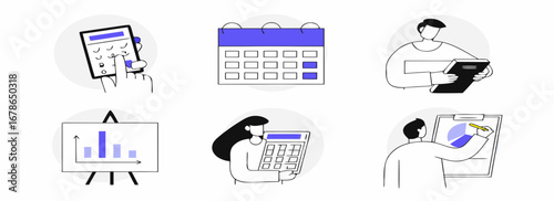 Collection of illustrated icons depicting various business and planning concepts, including graphs, calendars, and document analysis.
