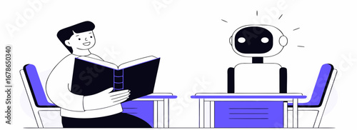 Illustration of a person reading a book while engaging with a robot in a modern environment.