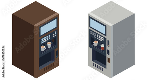 Isometric coffee vending machines with cups in brown and gray design