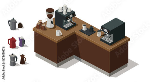 Modern isometric coffee station with espresso machines and accessories