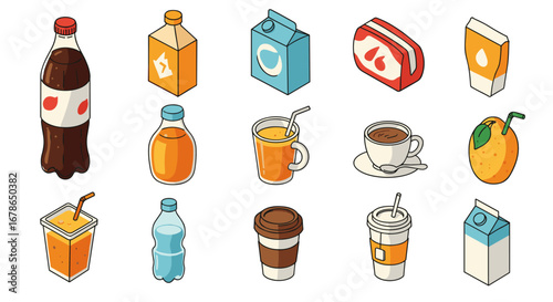 Variety of refreshing beverage icons in flat design style