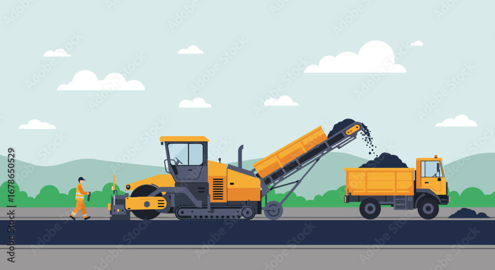 Fototapeta premium Road Construction Scene with Asphalt Milling Machine and Truck.