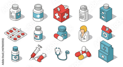 Isometric healthcare icons: medicine, pills, doctor, and first aid