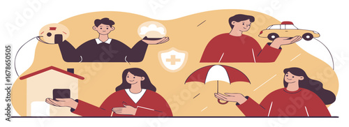 Illustration depicting various aspects of emergency services and community support, featuring people holding items related to safety and health services.
