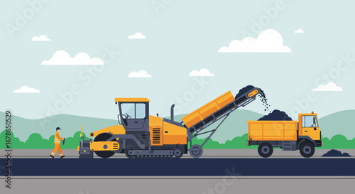 Road Construction Scene with Asphalt Milling Machine and Truck.