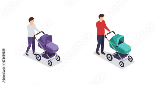 Isometric parents with baby strollers on white background