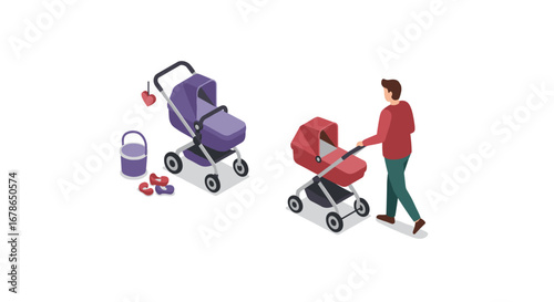 Parenting concept with father pushing baby stroller in isometric style