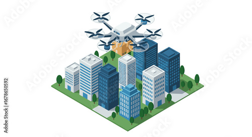 Drone delivery in urban isometric cityscape with high-rise buildings