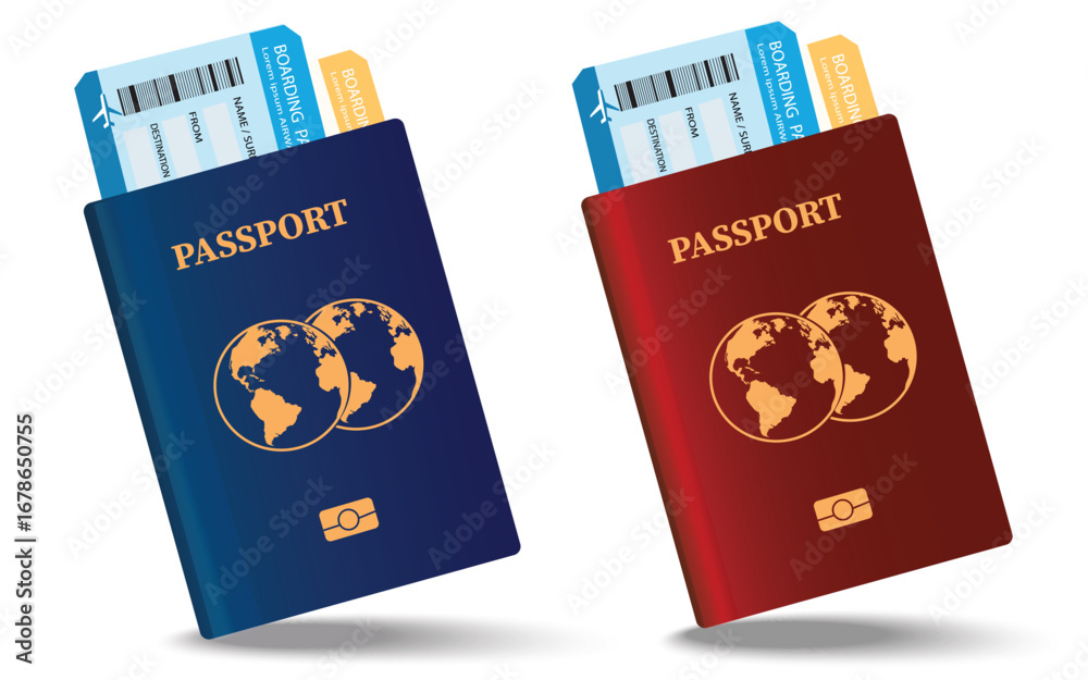 Obraz premium Vector passport with tickets. Air travel concept. Flat Design citizenship ID for traveler isolated. Blue and red international document pasports illustration.vector