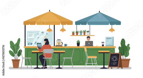 Cozy outdoor cafe with customers working and relaxing under umbrellas