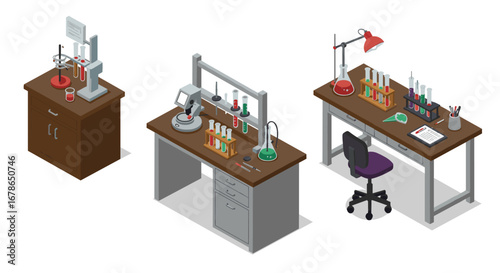 Isometric lab equipment set with tables and scientific instruments