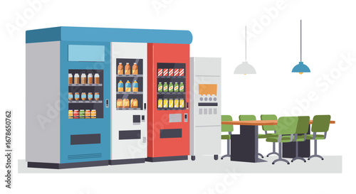 Office break room with vending machines and seating area in modern flat design