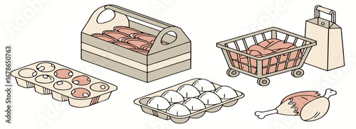 Illustration of various poultry products including chicken legs, whole chickens, and eggs in cartons.