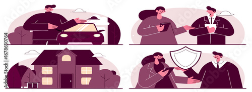 Illustration depicting police activities including a team responding to a situation, vehicle, and interactions with citizens in an urban environment.