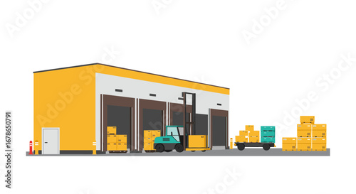 Modern warehouse facility with forklift and delivery truck