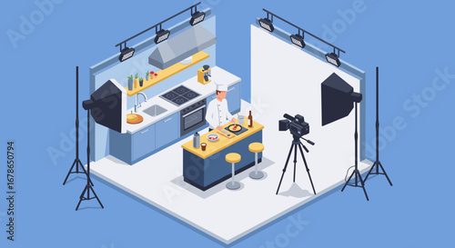 Isometric chef in culinary studio setting for cooking show production