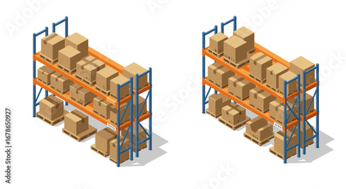Isometric warehouse storage with shelves and cardboard boxes for logistics and distribution