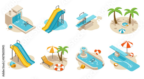 Isometric pool slides and tropical beach elements with palm trees and beach accessories
