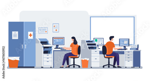 Busy office setting with coworkers at desks using computers in modern workspace