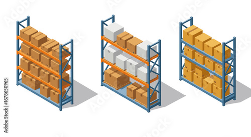 Isometric warehouse shelves with cardboard boxes on metal racks