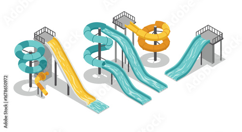 Colorful water park slides in isometric view