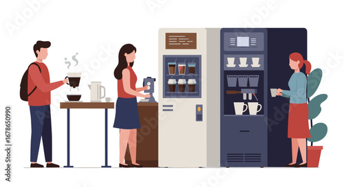 Office coffee break: people preparing drinks at vending machine in minimal design