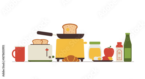 Breakfast essentials with toaster and kitchen items in flat design on white background