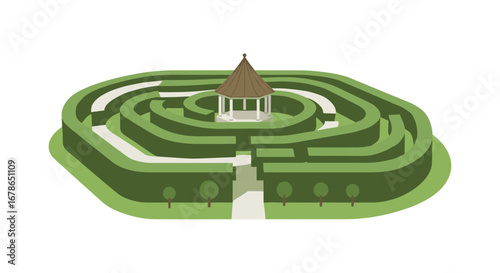 Isometric garden maze with central pavilion and hedge paths