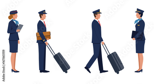 Airline crew interaction: professional pilots and flight attendants in uniform