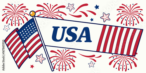 Illustration of flags with fireworks in red and blue colors, celebrating national pride.