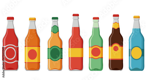 Assorted colorful beverage bottles in flat design on white background