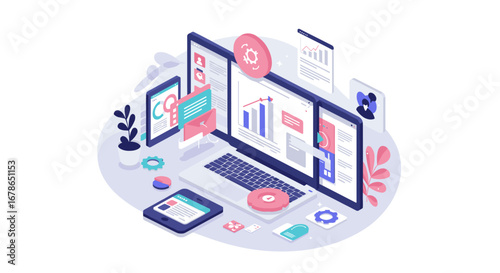 Isometric digital workspace with charts and graphs on devices for business analysis