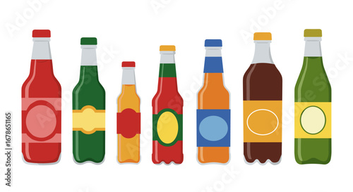 Colorful beverage bottles in flat design with minimalist labels