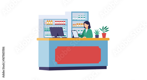 Pharmacy counter with pharmacist using digital tablet in modern flat design