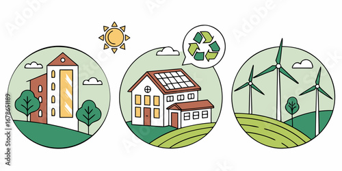 Illustration depicting sustainable living with a multi-story building, a solar-paneled house, and wind turbines under a sunny sky.