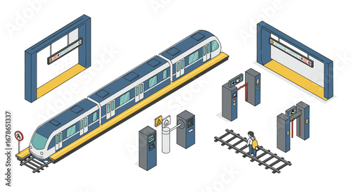 Modern city metro system in isometric design with train and platform details