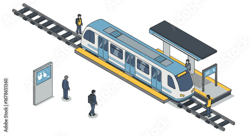 Isometric urban subway with commuters on platform and track