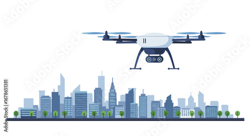 Futuristic drone hovering over modern city skyline in flat design
