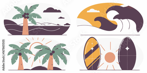 Stylized illustrations of tropical landscapes with waves, palm trees, and surfboards in a vibrant color palette.