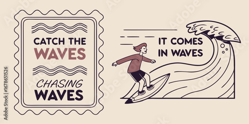Illustration of a surfer riding a wave with vintage style text elements about surfing and waves.
