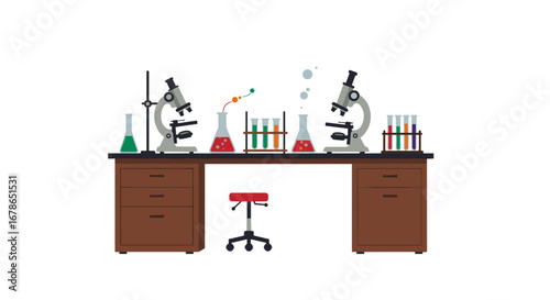 Modern chemistry lab workbench with microscopes, test tubes, and beakers