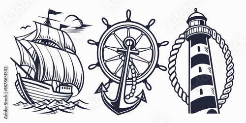 Illustration featuring a vintage sailing ship, a ship's wheel, and a striped lighthouse, evoking a nautical theme with maritime elements.