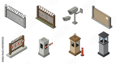 Isometric security elements set: fences, cameras, barrier systems